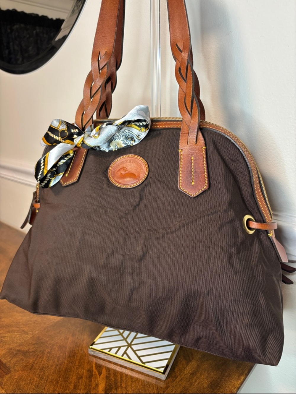 🔥LOW START Dooney & Bourke brown nylon domed satchel w/ braided leather handles - Picture 3 of 16